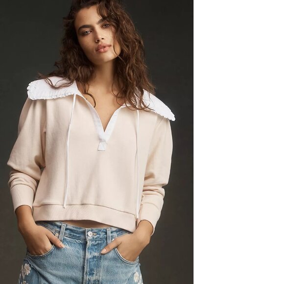 By Anthropologie Poplin-Collar V-Neck Sweatshirt new with tag 3x - Picture 1 of 7